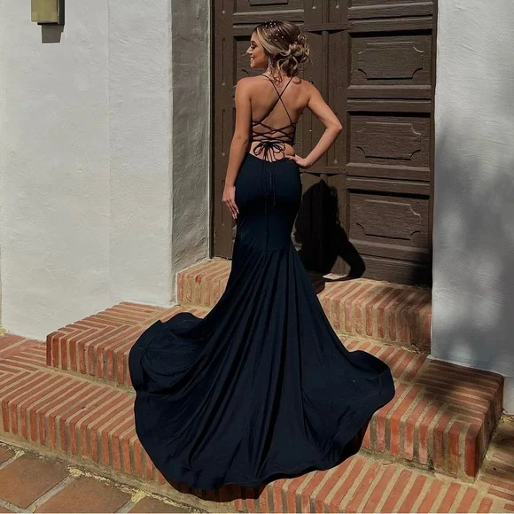 navy blue dress for baby girl V-Neck Backless Prom Dress Formal Dress with Long Sleeves PSK315 – Pgmdress